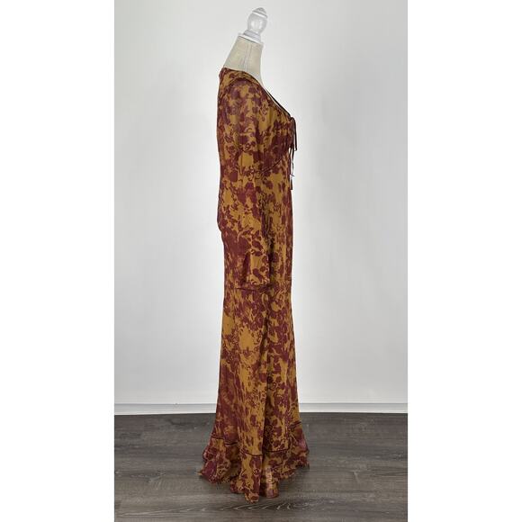 ASOS Ruched Bust Long Sleeve Maxi Dress Womens Size 14 Orange Abstract New - Picture 8 of 16